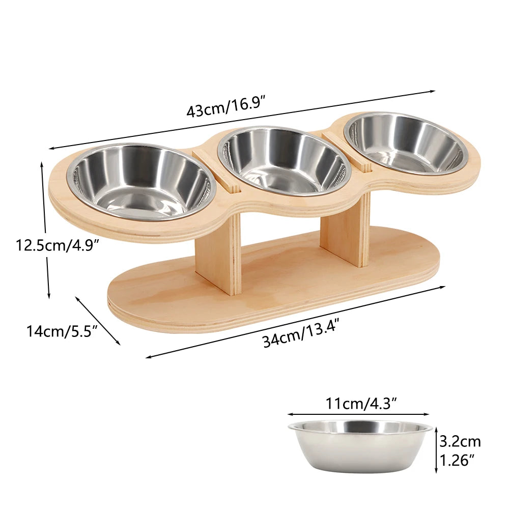 Comedero Elevado para Gatos con 3 Platos de Acero Inoxidable - Base de Madera