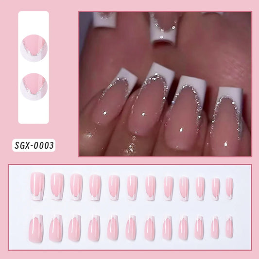 Uñas Postizas Press On Glitter 24 Piezas | Uñas Acrílicas Cortas Forma Coffin Largas