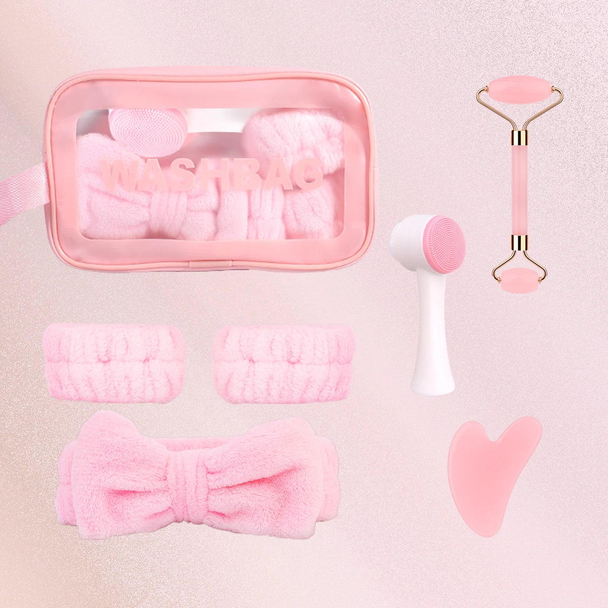 Kit de Cuidado Facial con Rodillo, Gua Sha, bandas para las manos y cara y Cepillo Limpiador | Set de Skincare para Mujer and ladies.
