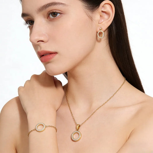 Set de Joyería Circular con Zirconia de Acero Inoxidable – 4 Piezas