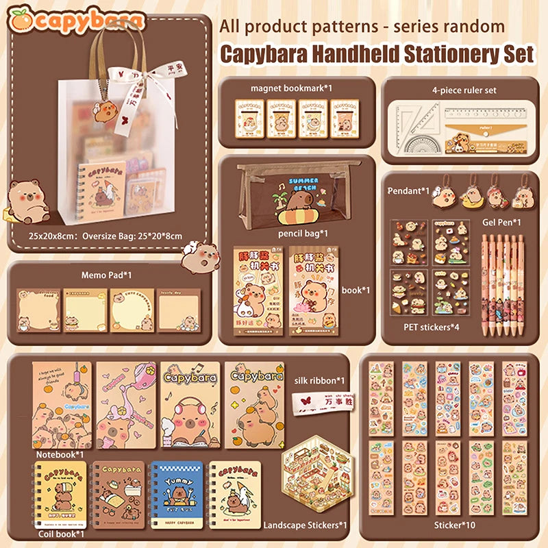 1Set Kawaii Capybara Stationery Set Cartoon Cute Handbag Stationery Set Office Supplies Student Stationery Birthday Gifts