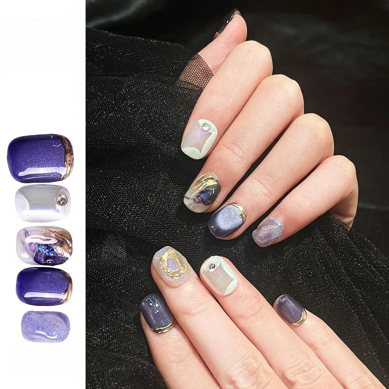 Uñas Press On Cortas Diseño Ombre y Glitter | Set de Uñas Postizas Handmade
