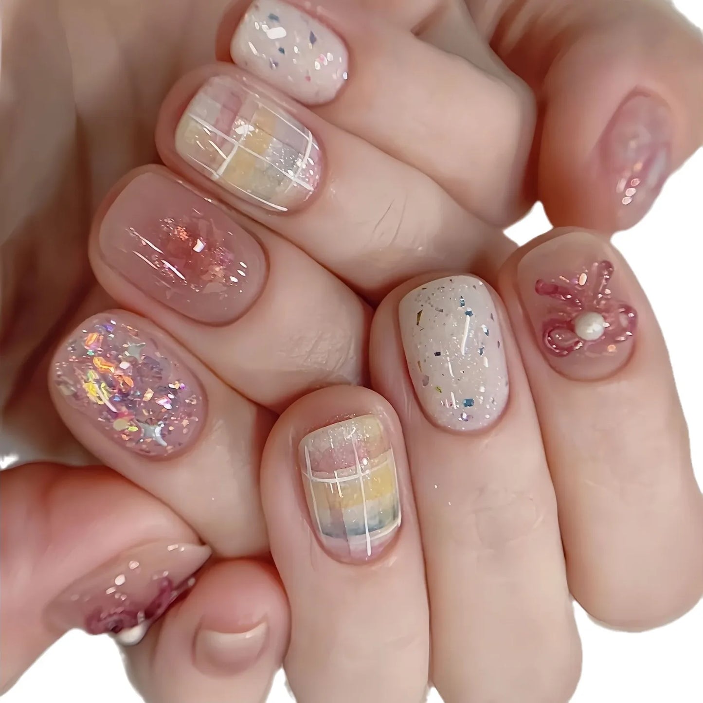 Uñas Press On Cortas Diseño Ombre y Glitter | Set de Uñas Postizas Handmade