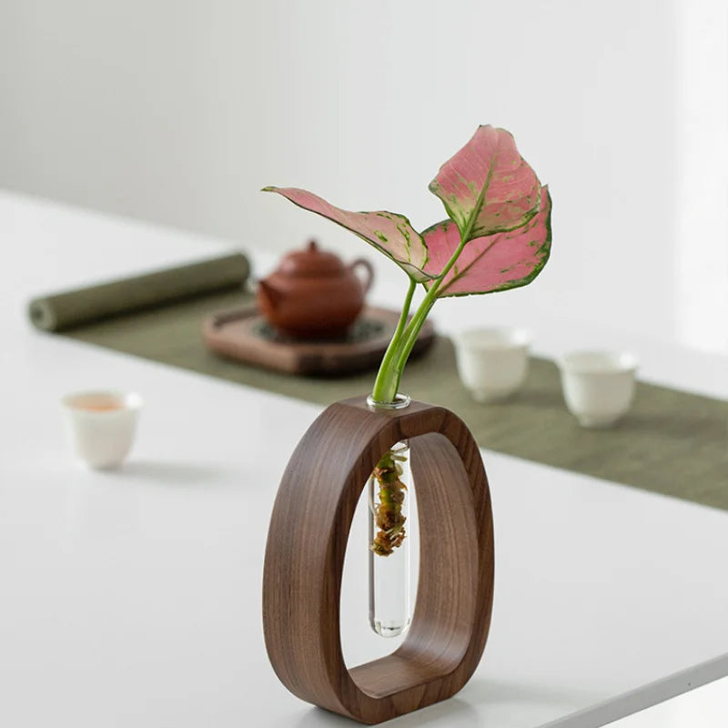 Florero Decorativo de Madera con Tubo de Vidrio para Plantas