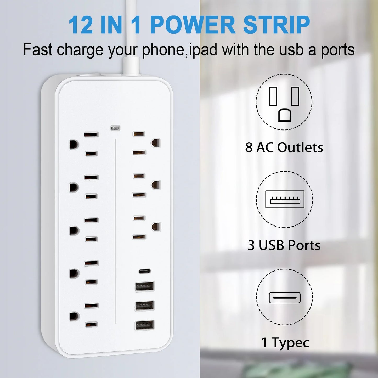 Multicontacto con 8 Contactos y 4 Puertos USB (3 USB + USB-C) con Interruptor