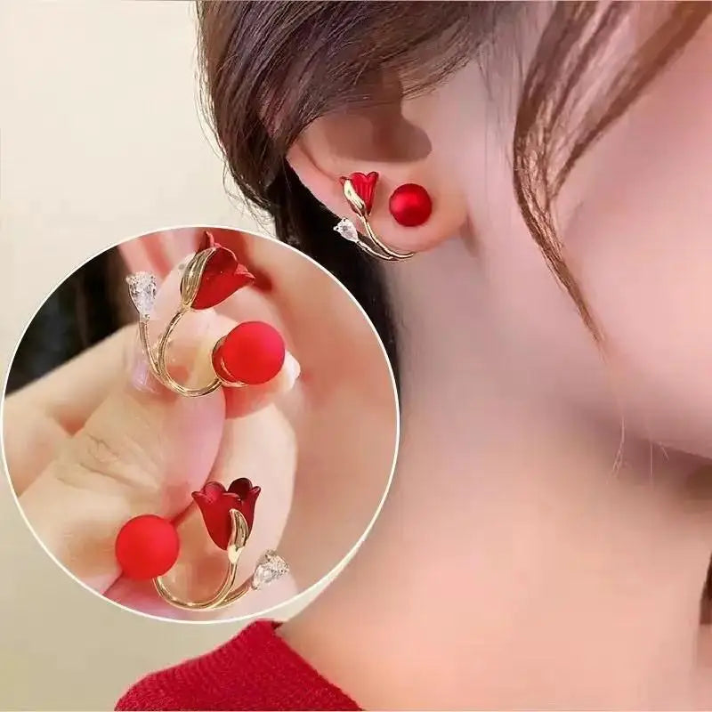 Aretes Tulipán con Moño – Plata y Flor Blanca, Elegantes