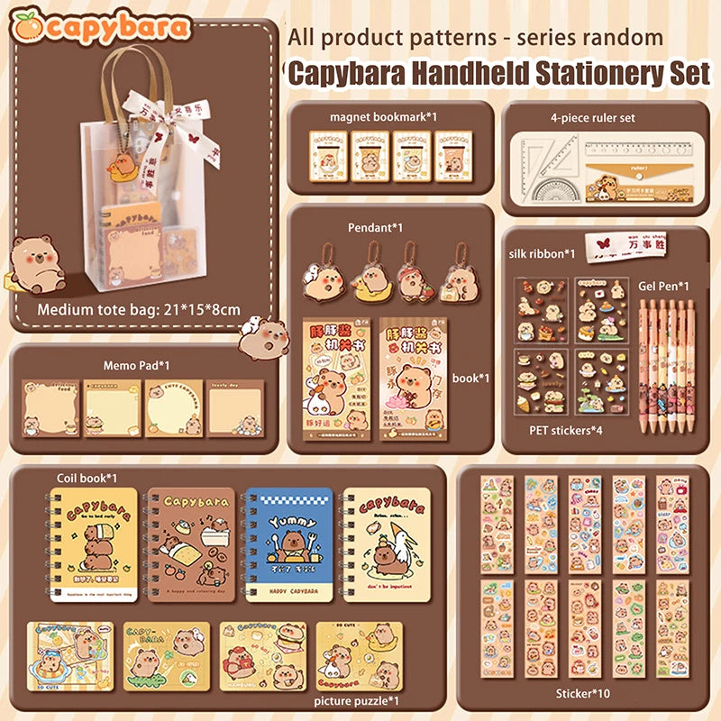 1Set Kawaii Capybara Stationery Set Cartoon Cute Handbag Stationery Set Office Supplies Student Stationery Birthday Gifts