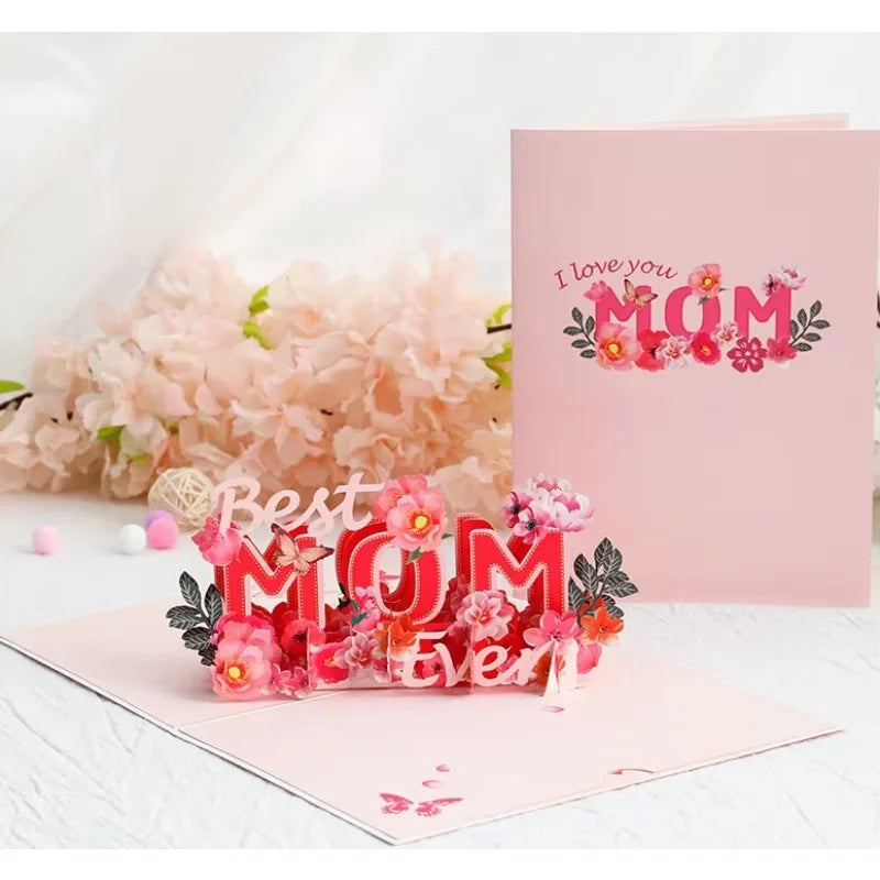 Tarjeta 3D del Día de la Madre - Flores Rojas de Papel Tallado