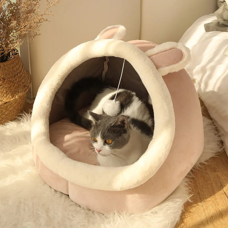 Cama Tipo Nido para Gatos con Cojín Reversible y Juguete Colgante