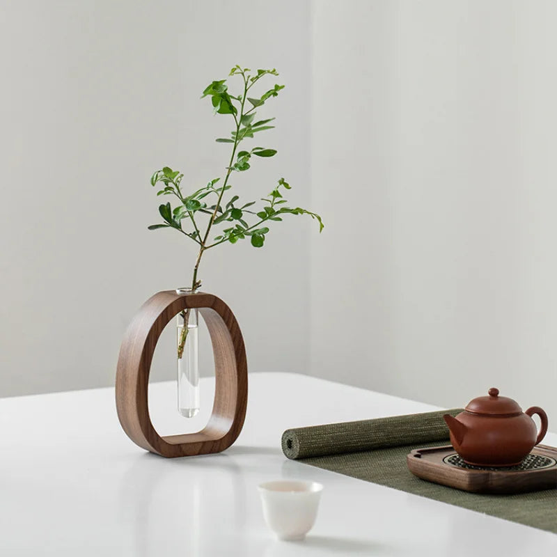 Florero Decorativo de Madera con Tubo de Vidrio para Plantas