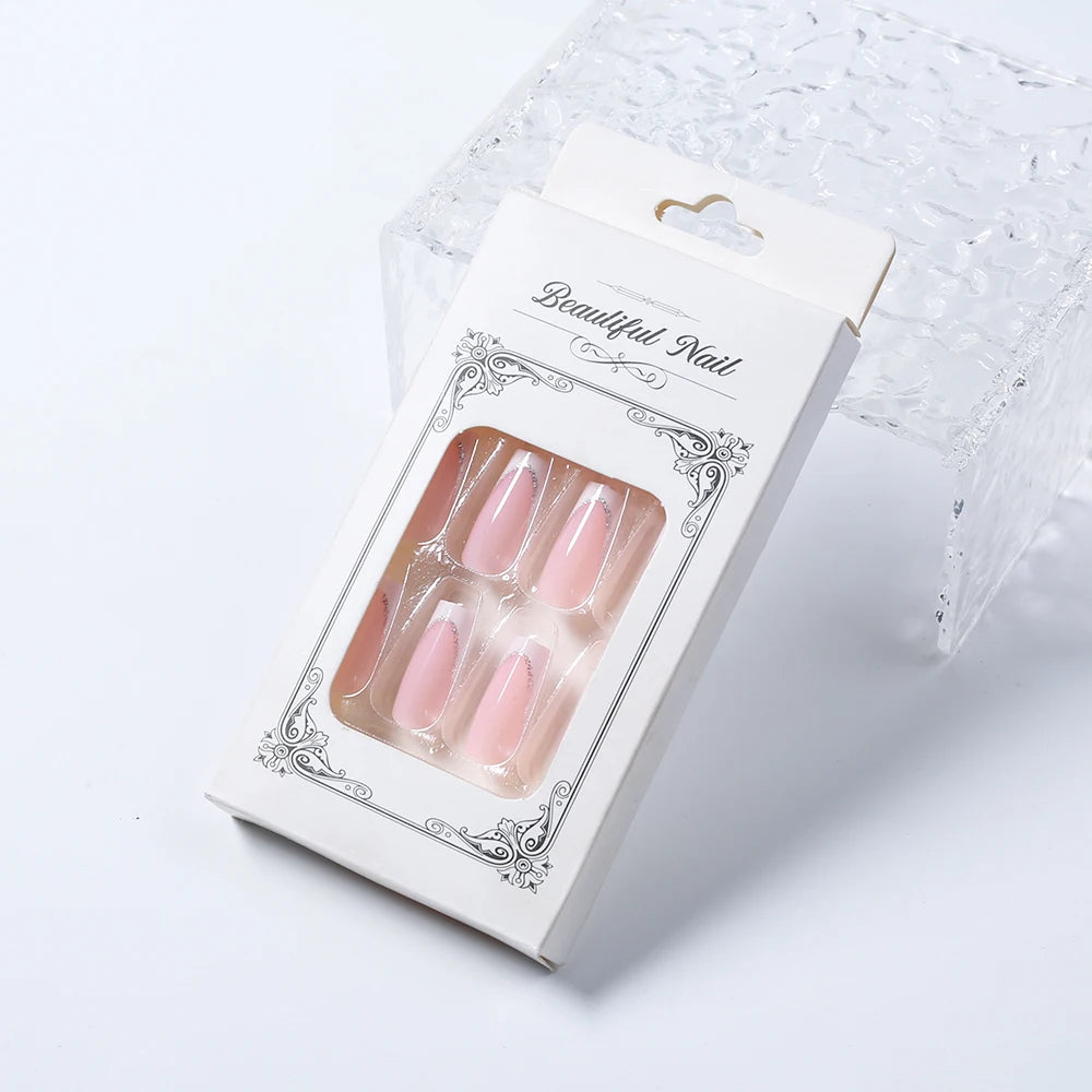 Uñas Postizas Press On Glitter 24 Piezas | Uñas Acrílicas Cortas Forma Coffin Largas