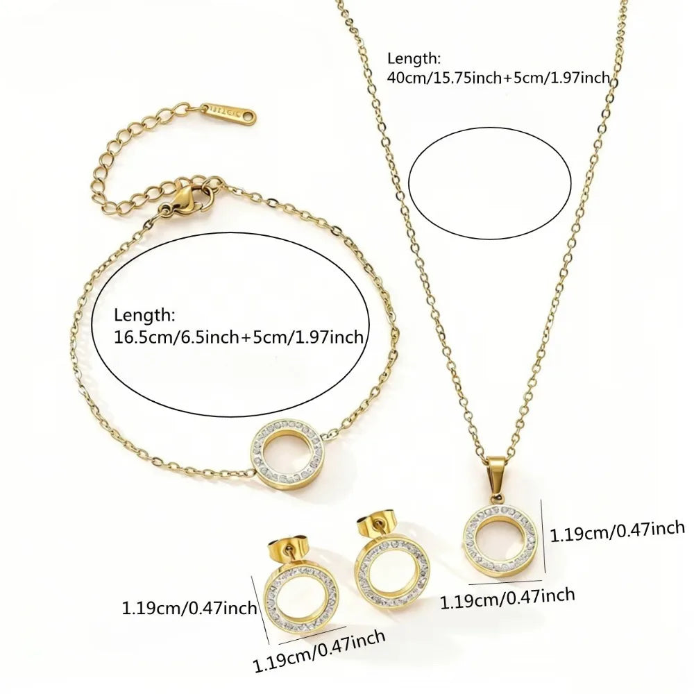 Set de Joyería Circular con Zirconia de Acero Inoxidable – 4 Piezas