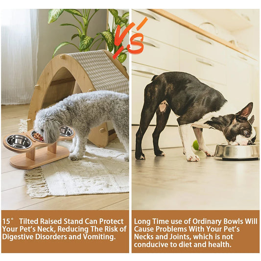 Comedero Elevado para Gatos con 3 Platos de Acero Inoxidable - Base de Madera
