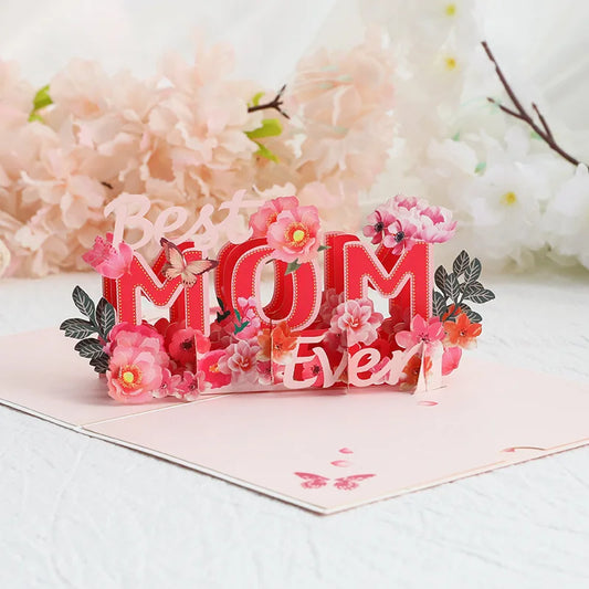 Tarjeta 3D del Día de la Madre - Flores Rojas de Papel Tallado