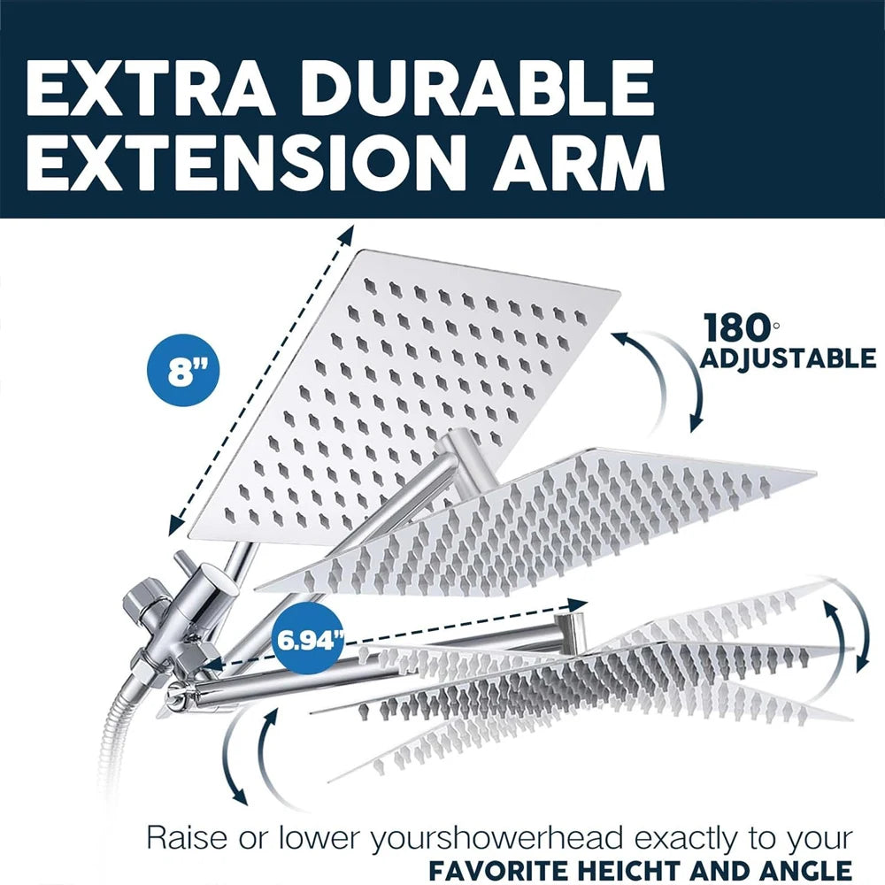 Cabezal de Ducha Tipo Lluvia 8-12 Pulgadas con Ducha de Mano | Shower Head Combo, Extensión Ajustable