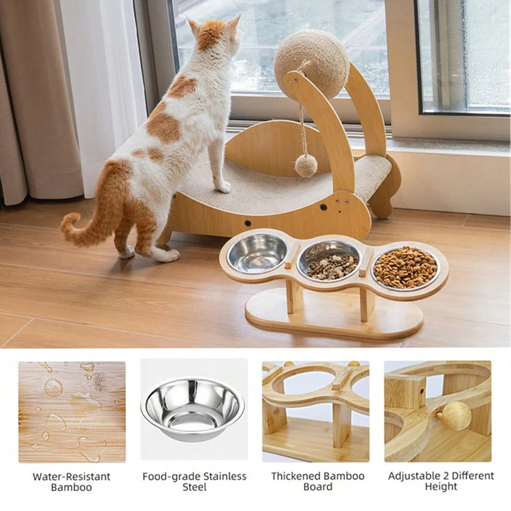 Comedero Elevado para Gatos con 3 Platos de Acero Inoxidable - Base de Madera