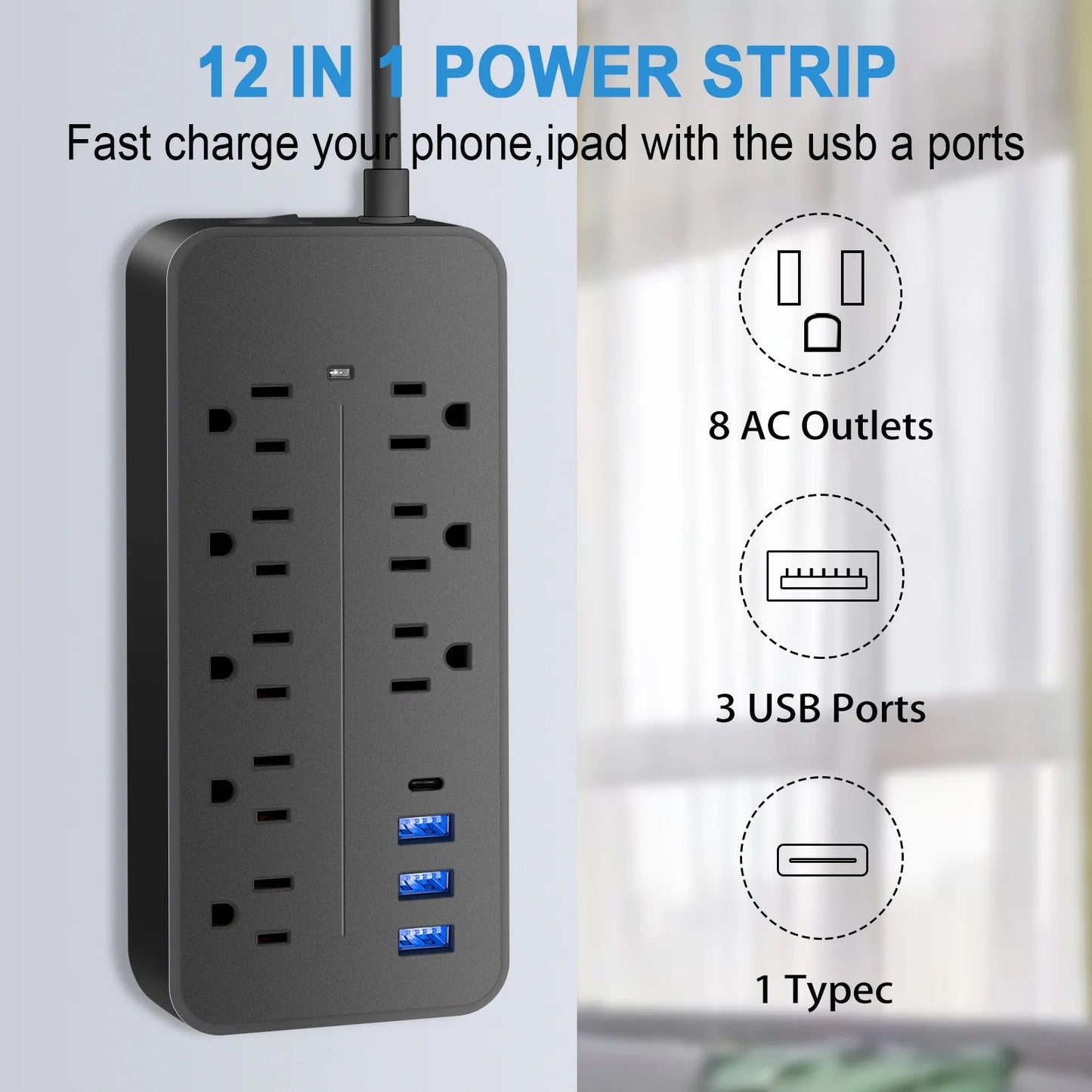 Multicontacto con 8 Contactos y 4 Puertos USB (3 USB + USB-C) con Interruptor