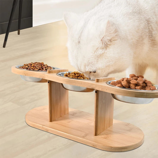 Comedero Elevado para Gatos con 3 Platos de Acero Inoxidable - Base de Madera