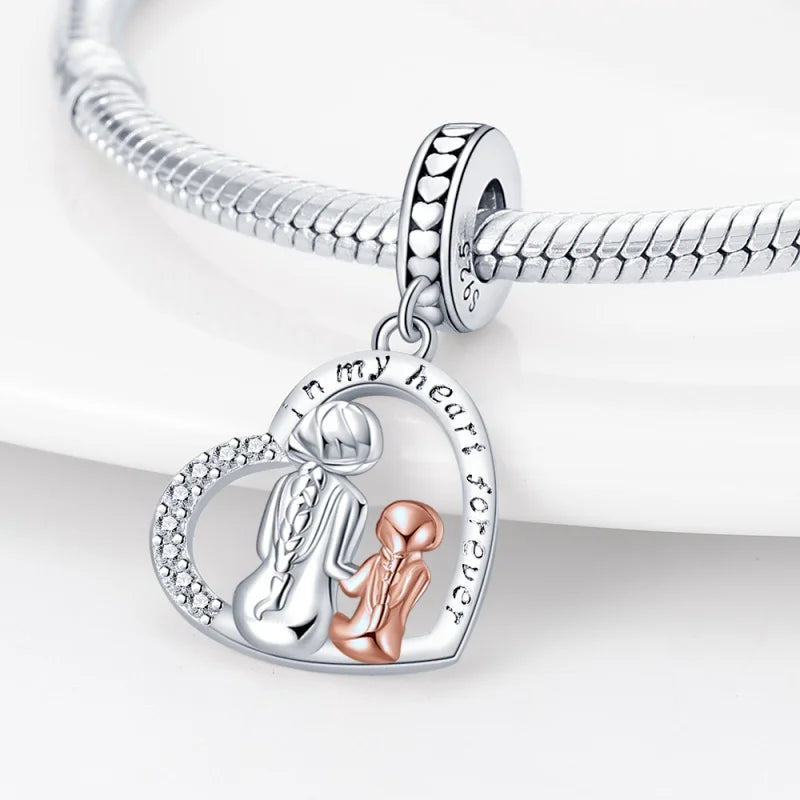 Dije Charm Madre e Hija de Plata 925 con Diseño de Corazón