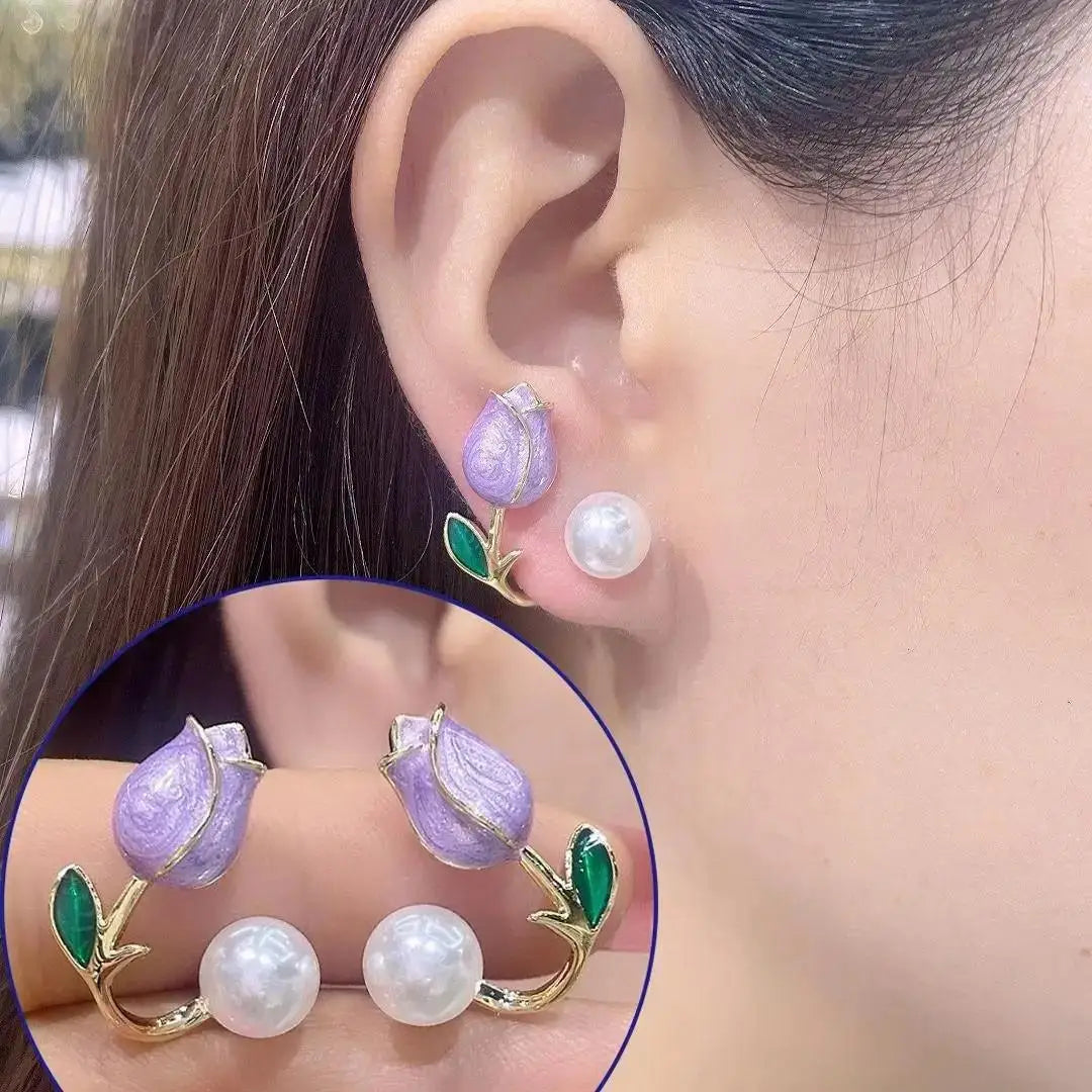 Aretes Tulipán con Moño – Plata y Flor Blanca, Elegantes