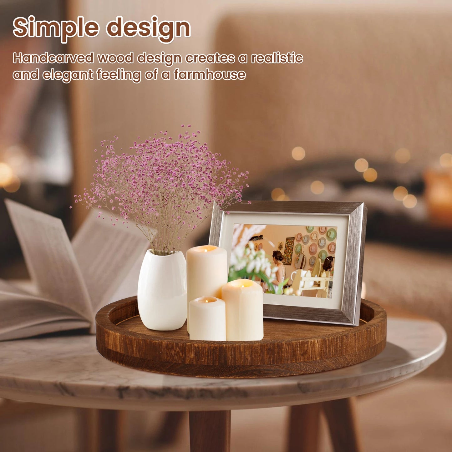 Bandeja Redonda de Madera para Servir y Decoración (30 cm)