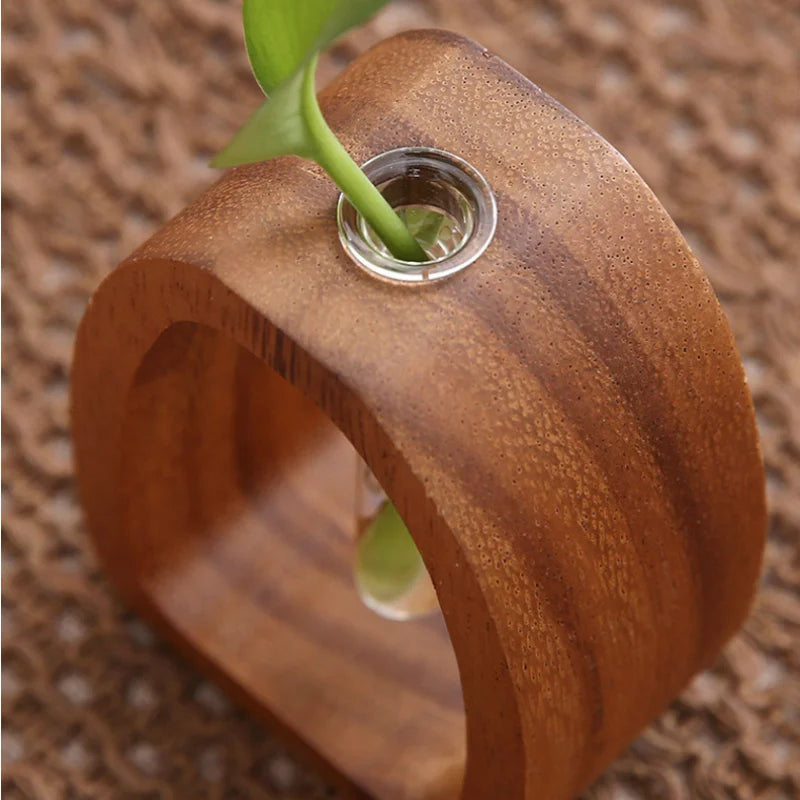 Florero Decorativo de Madera con Tubo de Vidrio para Plantas
