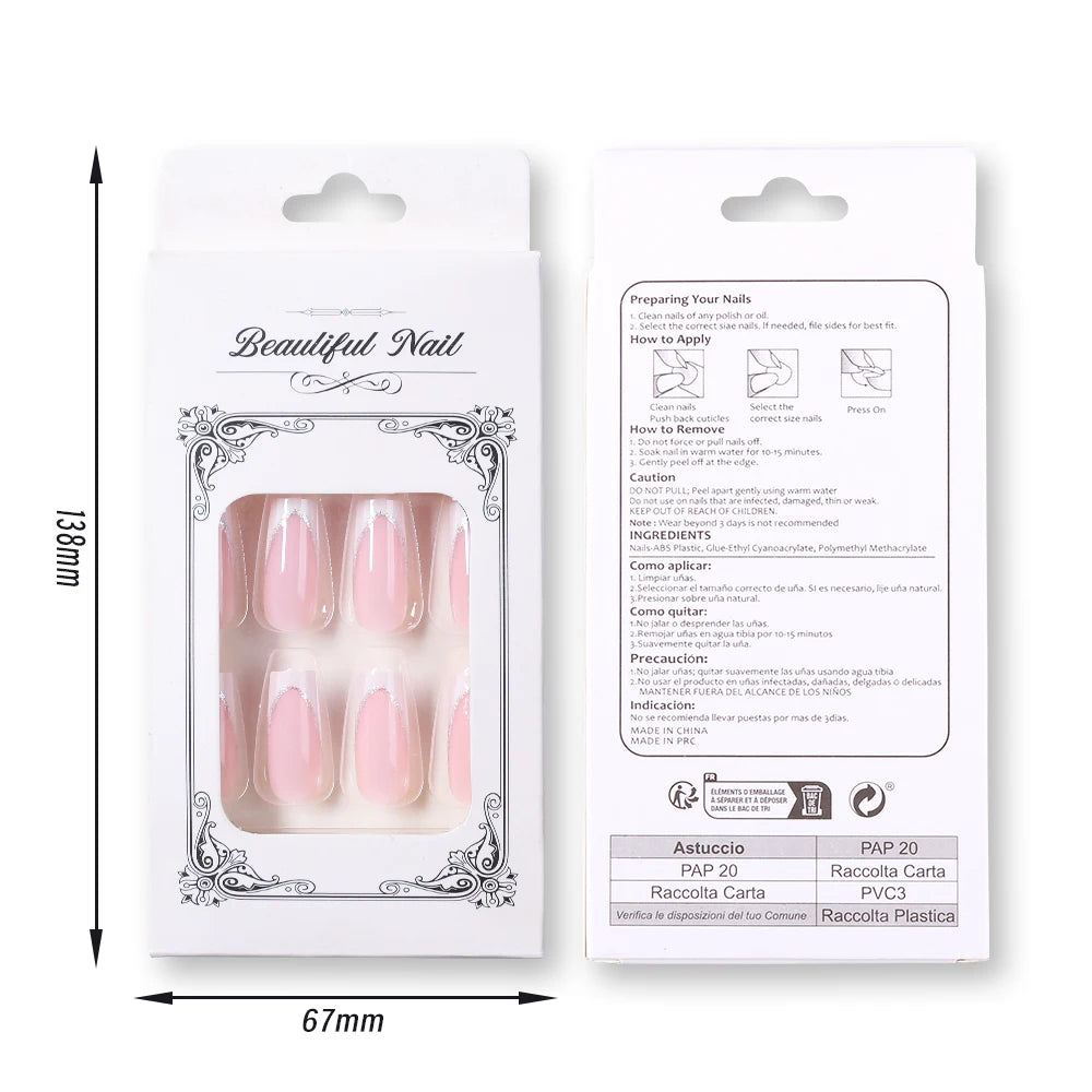 Uñas Postizas Press On Glitter 24 Piezas | Uñas Acrílicas Cortas Forma Coffin Largas