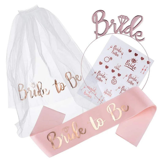 Kit Bride to Be para Despedida de Soltera – Velo, Banda Satinada y Accesorios para Novia