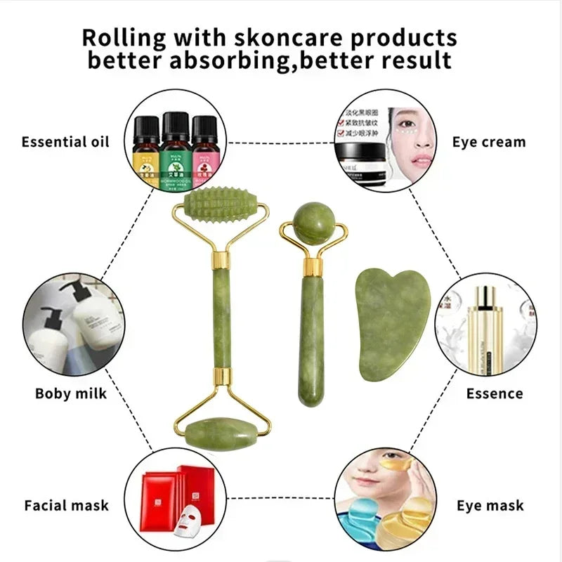 Rodillo Facial de Jade Natural con Gua Sha | Masajeador Facial para Skincare