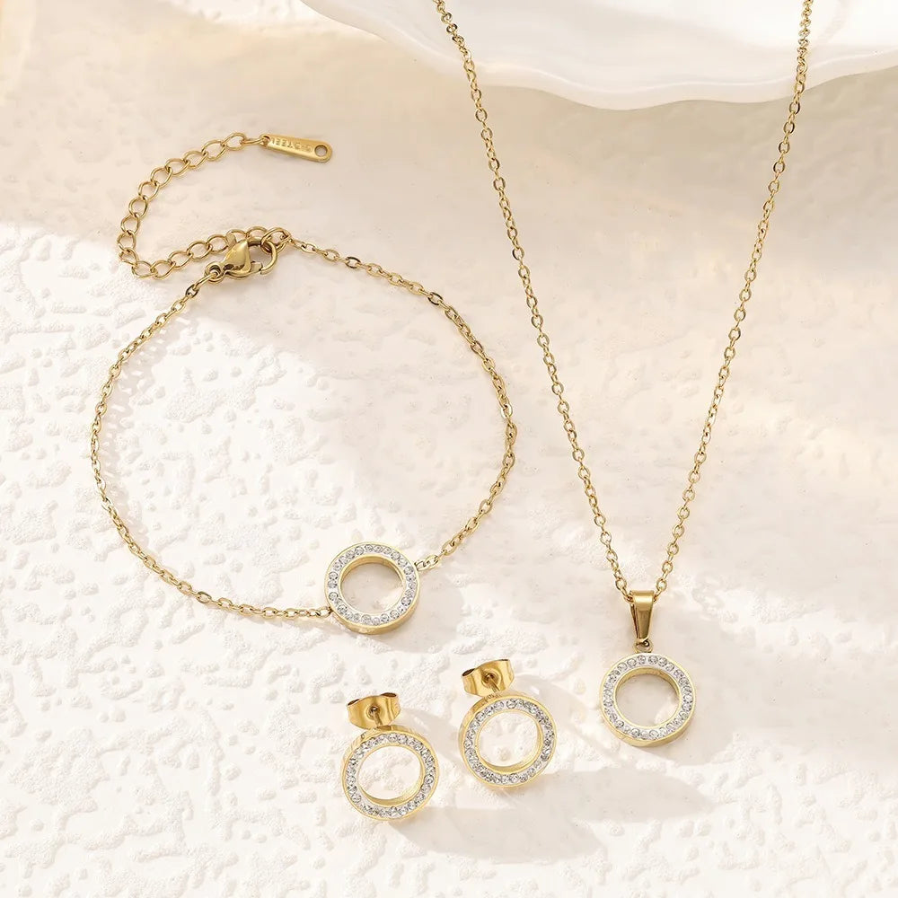 Set de Joyería Circular con Zirconia de Acero Inoxidable – 4 Piezas