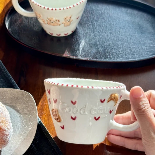 Taza de Cerámica con Relieve "Hand-drawn" - Diseño de Ositos y Corazones