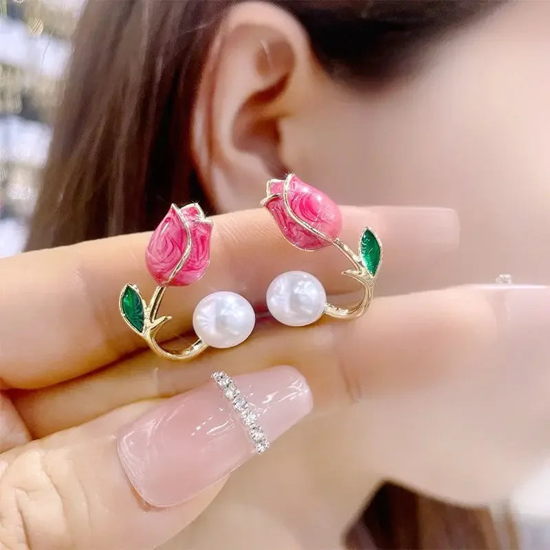 Pendientes Flor Tulipán con Perla – Estilo Romántico