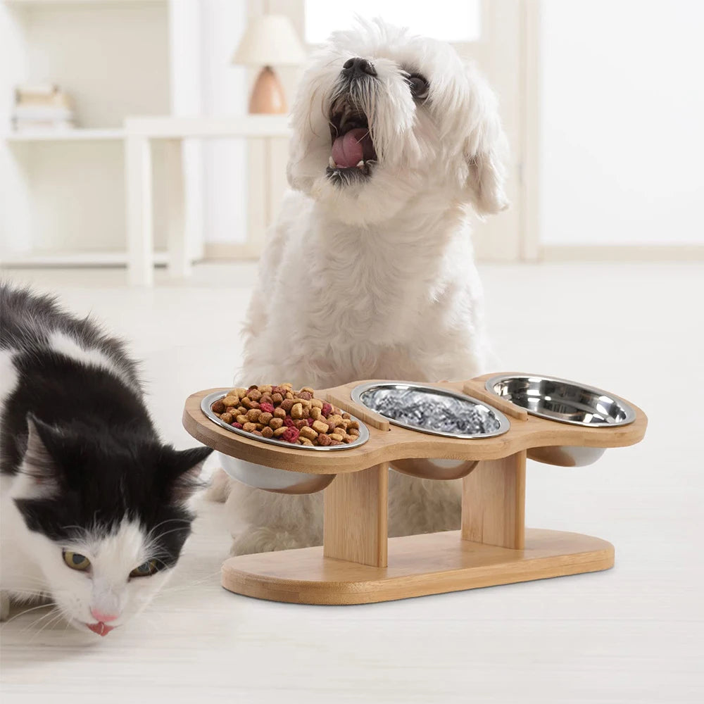 Comedero Elevado para Gatos con 3 Platos de Acero Inoxidable - Base de Madera