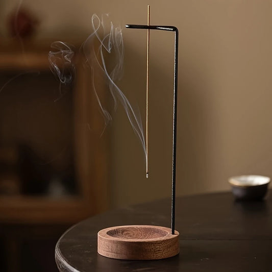 Quemador de Incienso Invertido con Base de Madera – Soporte para Palo de Incienso