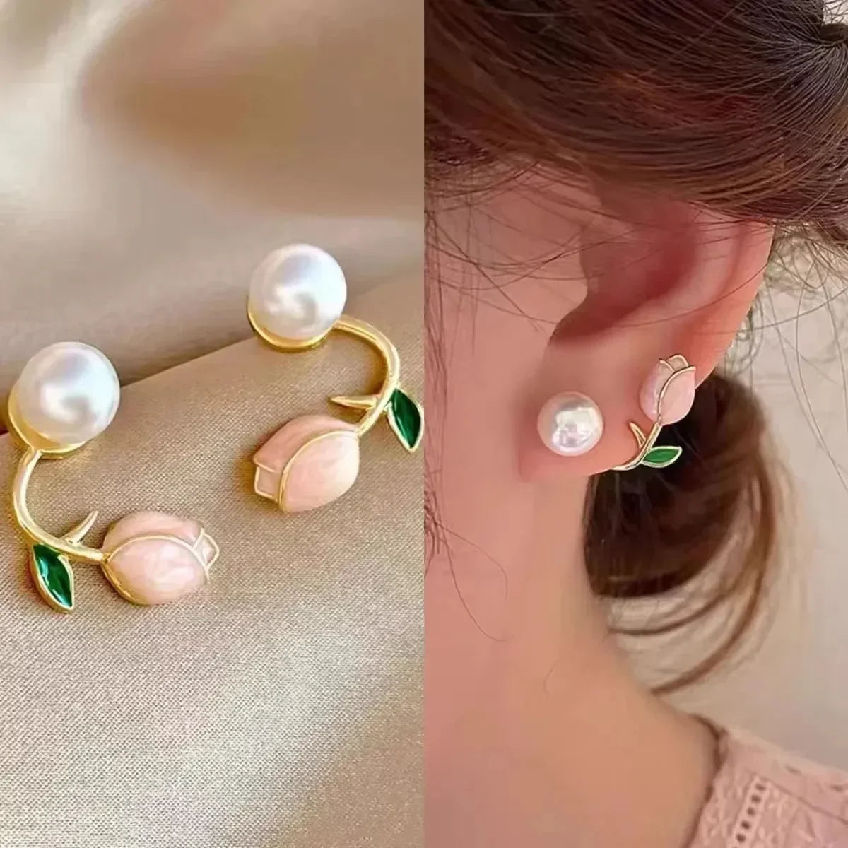 Pendientes Flor Tulipán con Perla – Estilo Romántico