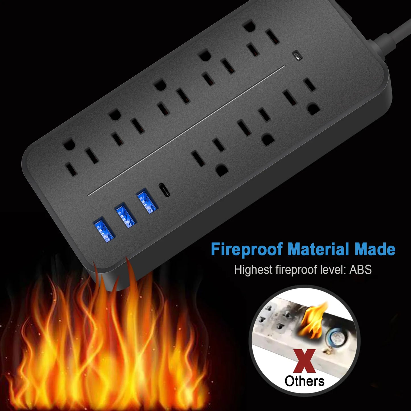 Multicontacto con 8 Contactos y 4 Puertos USB (3 USB + USB-C) con Interruptor