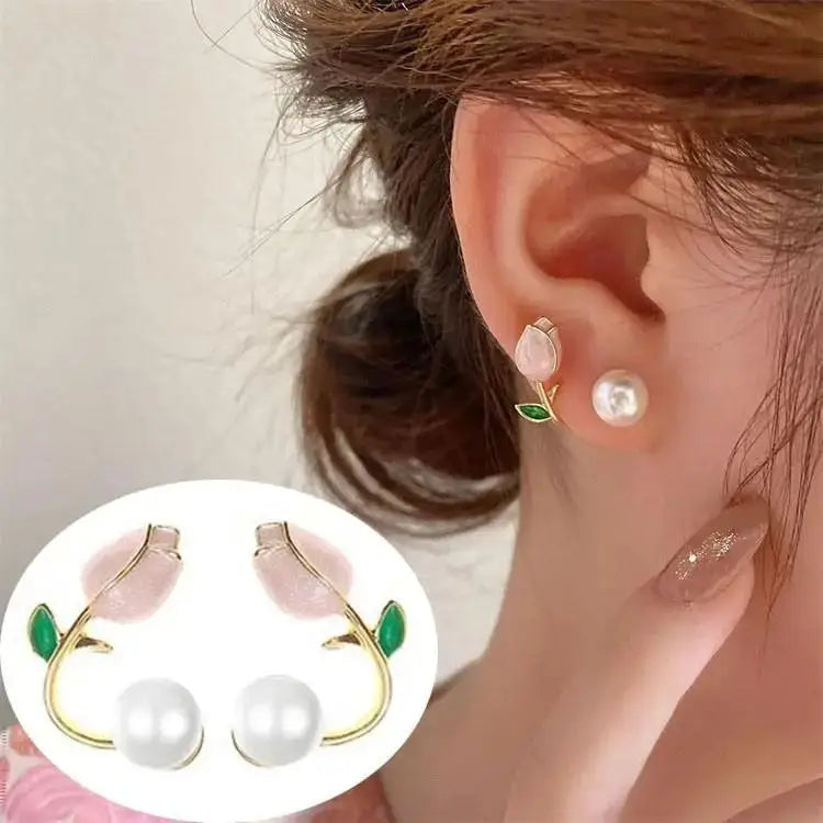 Aretes Tulipán con Moño – Plata y Flor Blanca, Elegantes