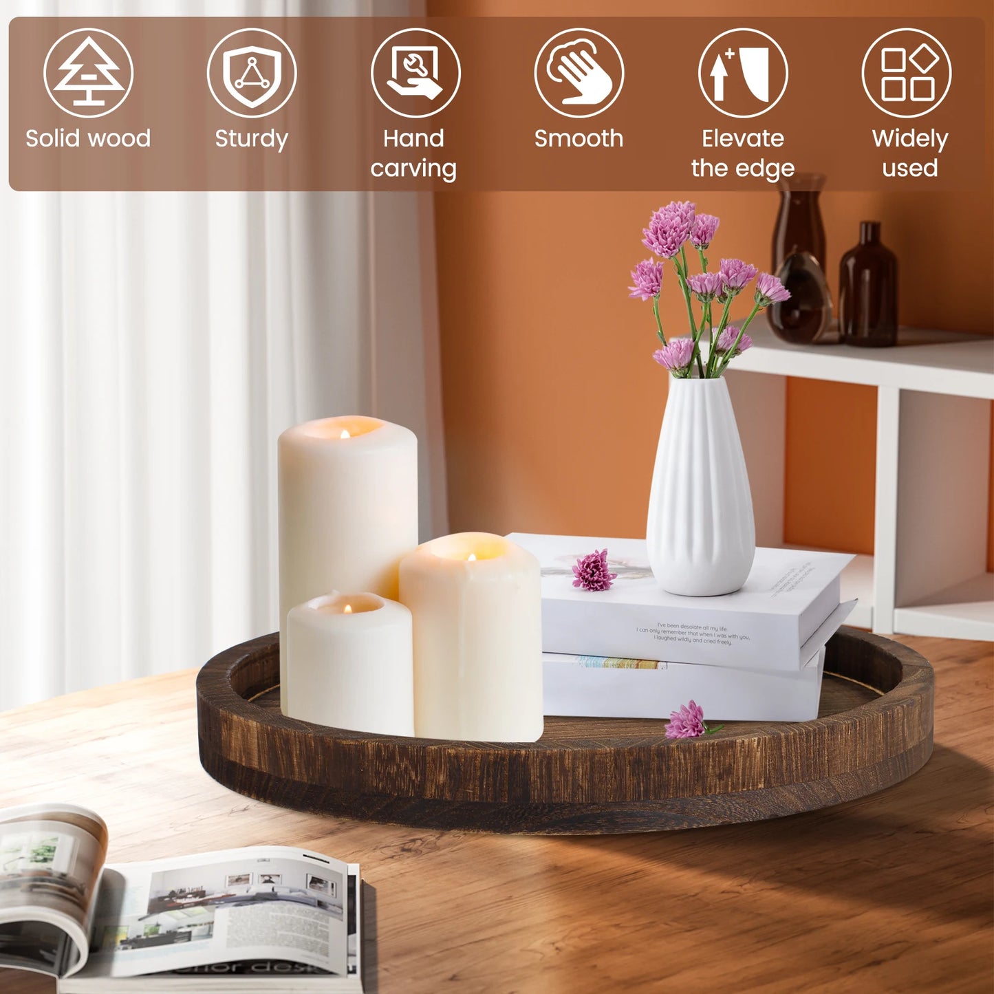 Bandeja Redonda de Madera para Servir y Decoración (30 cm)