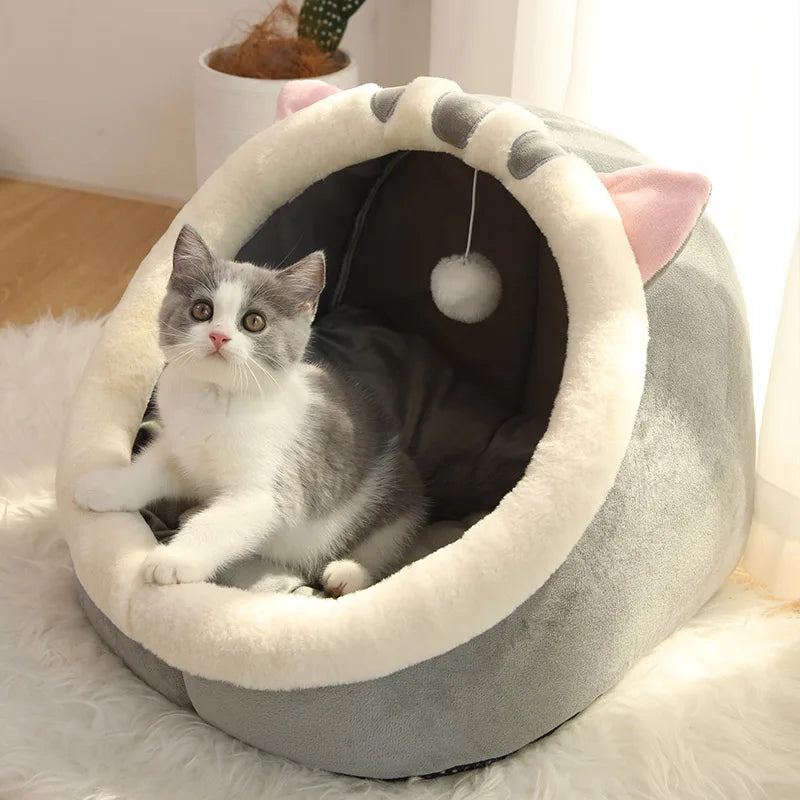 Cama Tipo Nido para Gatos con Cojín Reversible y Juguete Colgante