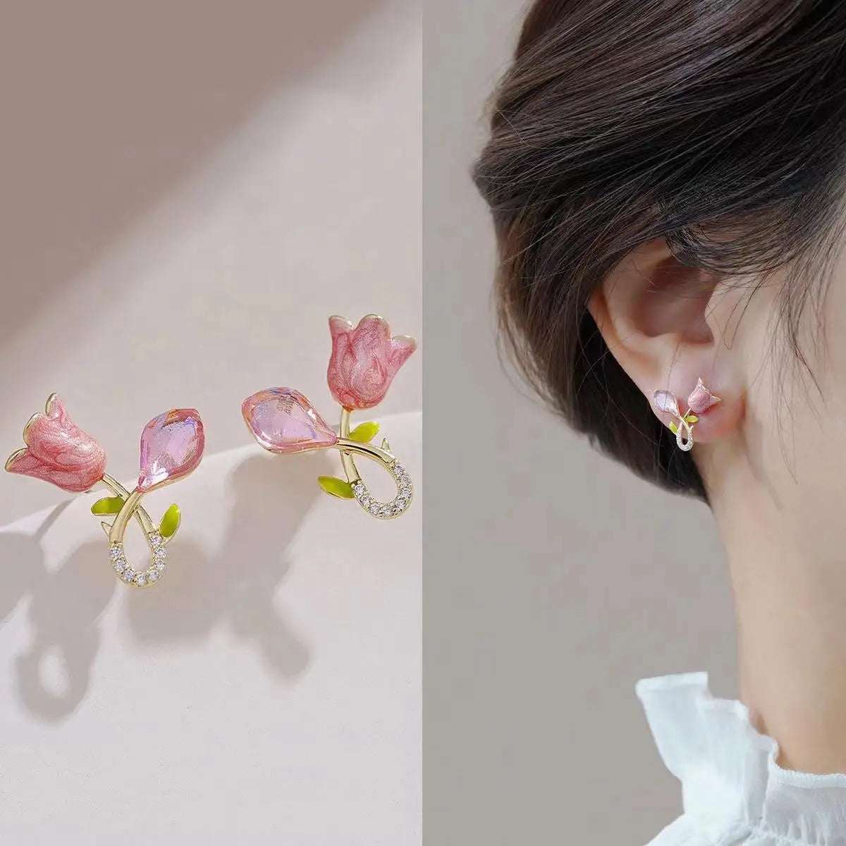 Aretes Tulipán con Moño – Plata y Flor Blanca, Elegantes