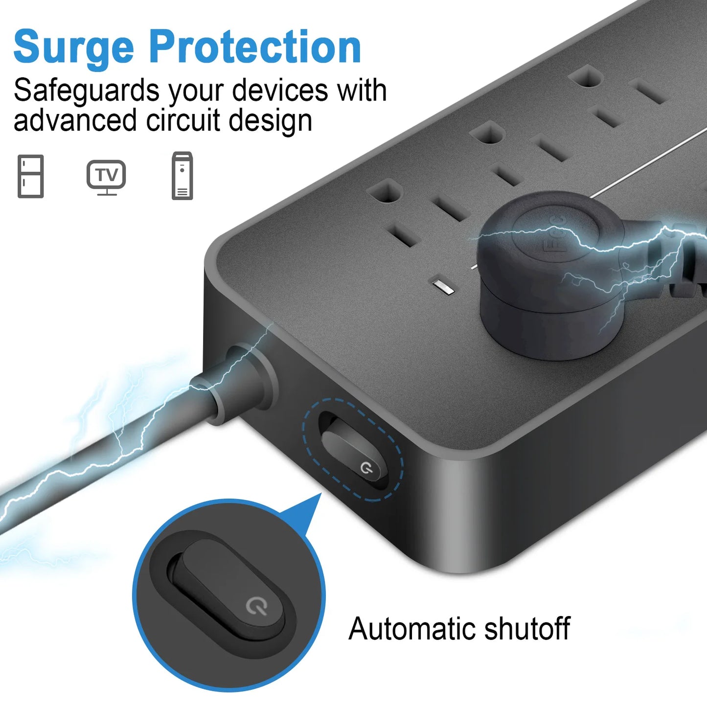 Multicontacto con 8 Contactos y 4 Puertos USB (3 USB + USB-C) con Interruptor