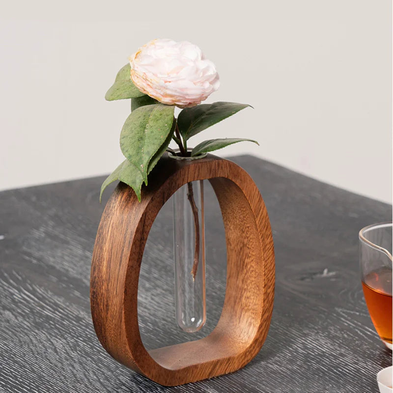 Florero Decorativo de Madera con Tubo de Vidrio para Plantas