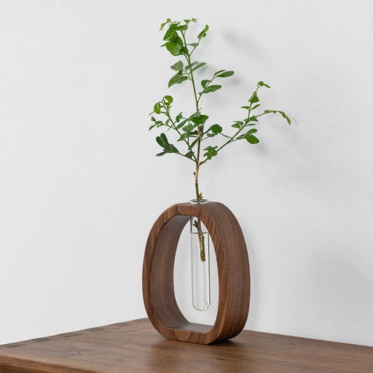 Florero Decorativo de Madera con Tubo de Vidrio para Plantas