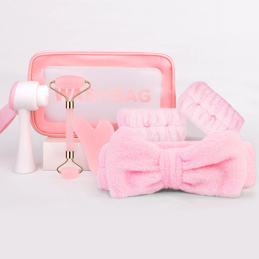 Kit de Cuidado Facial con Rodillo, Gua Sha, bandas para las manos y cara y Cepillo Limpiador | Set de Skincare para Mujer and ladies.