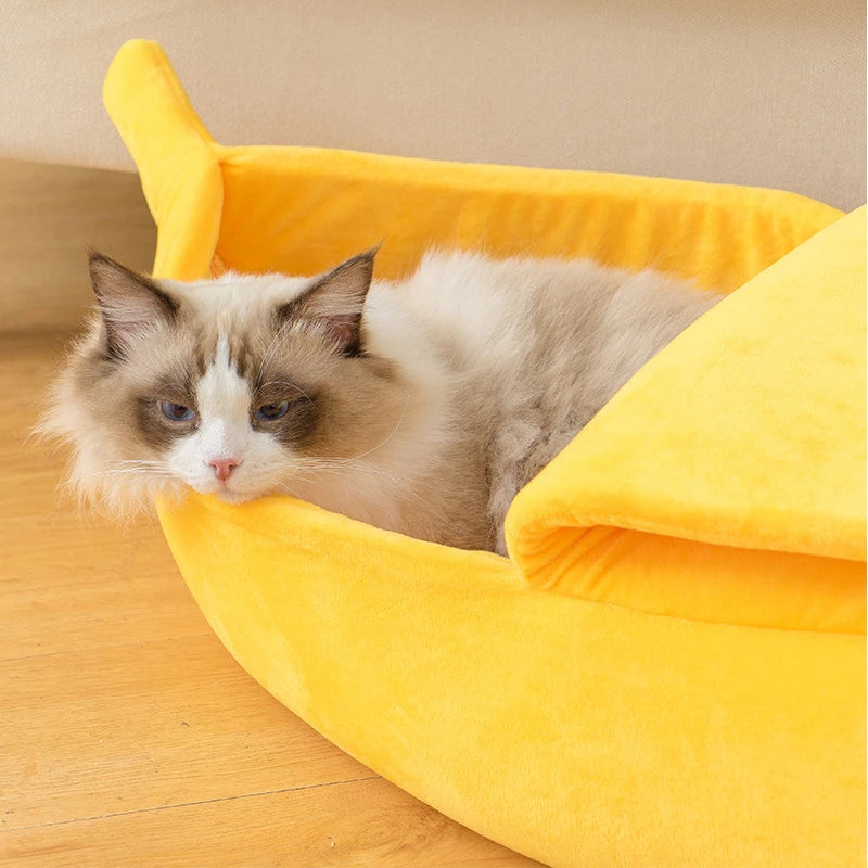 Cama para Gatos en Forma de Plátano – Cama Suave Tipo Refugio para Mascotas