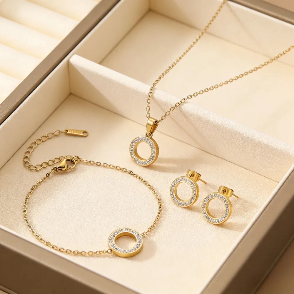 Set de Joyería Circular con Zirconia de Acero Inoxidable – 4 Piezas