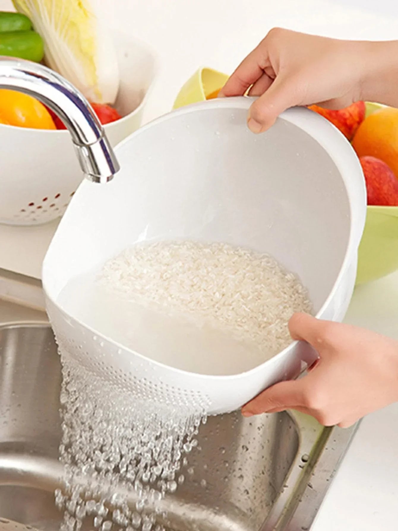 Colador de Silicona con Mango - Cesta de Drenaje para Lavado de Arroz