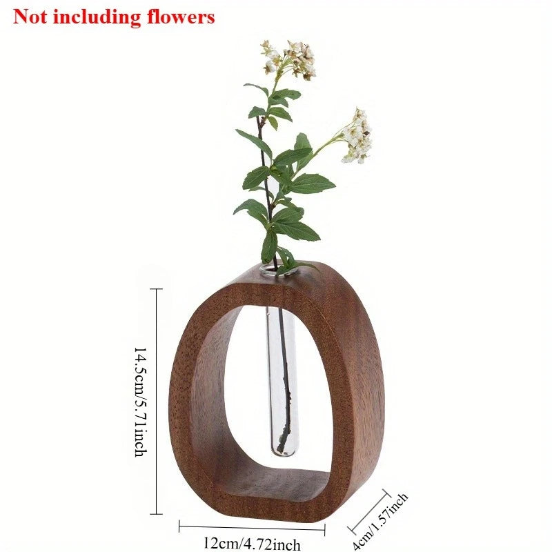 Florero Decorativo de Madera con Tubo de Vidrio para Plantas