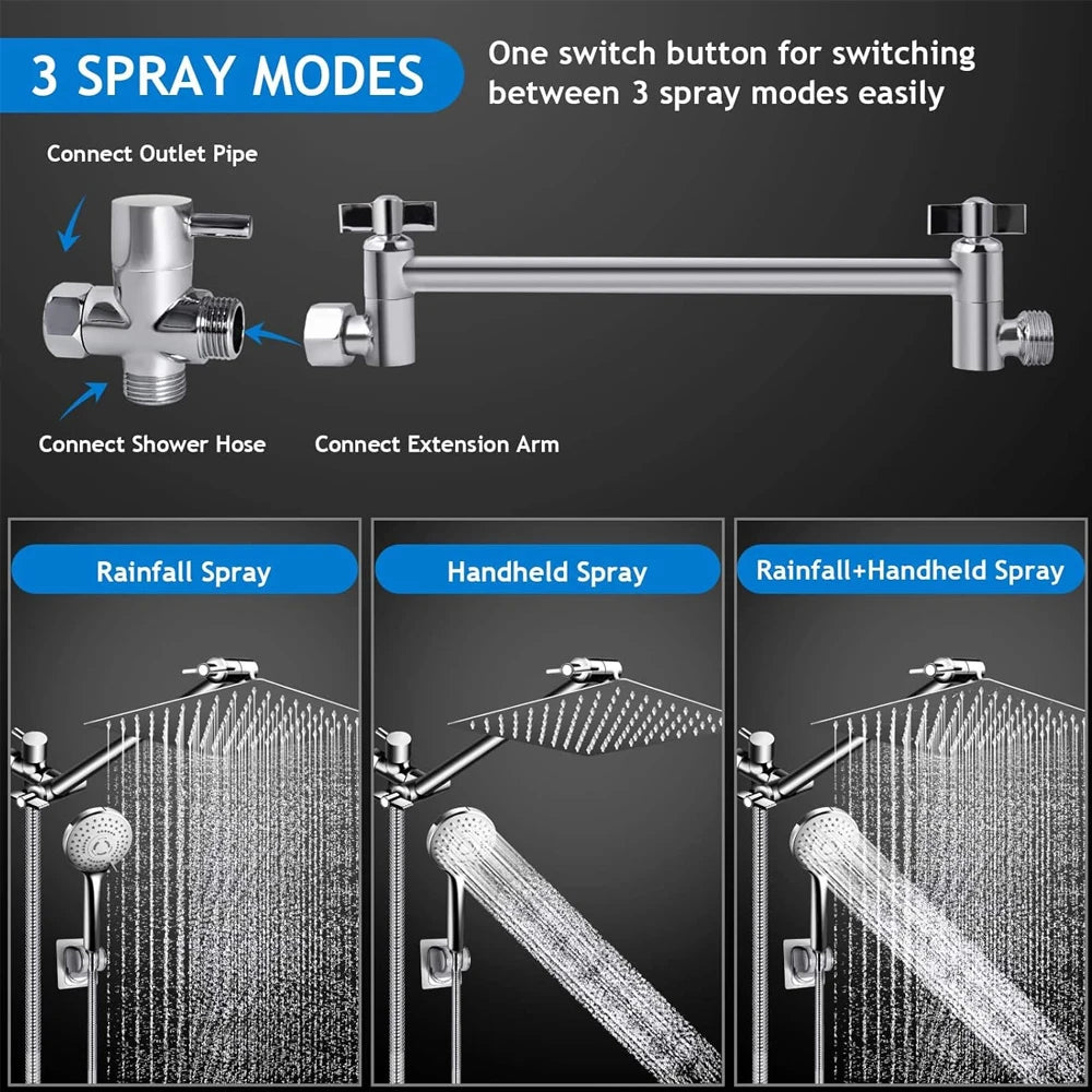 Cabezal de Ducha Tipo Lluvia 8-12 Pulgadas con Ducha de Mano | Shower Head Combo, Extensión Ajustable