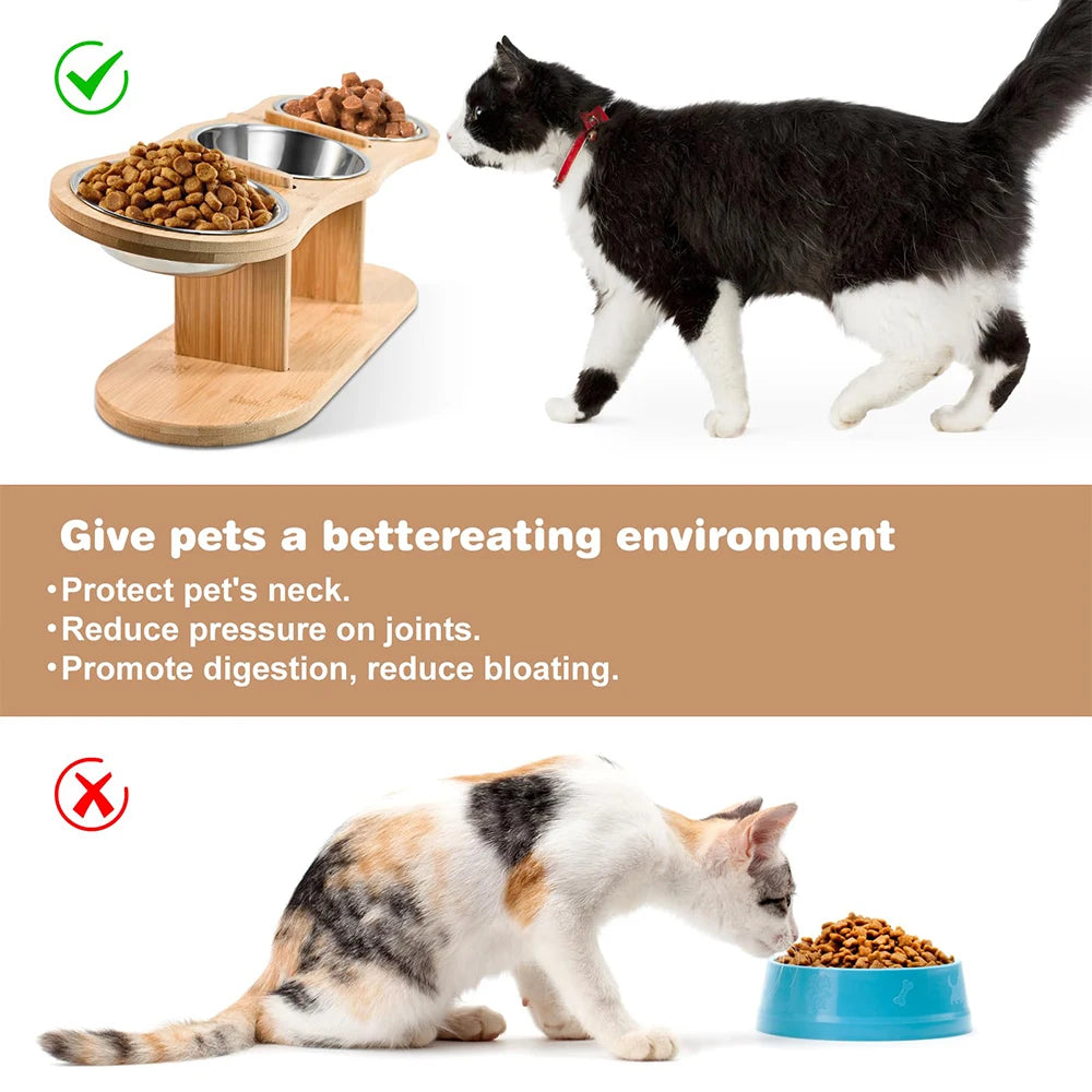 Comedero Elevado para Gatos con 3 Platos de Acero Inoxidable - Base de Madera